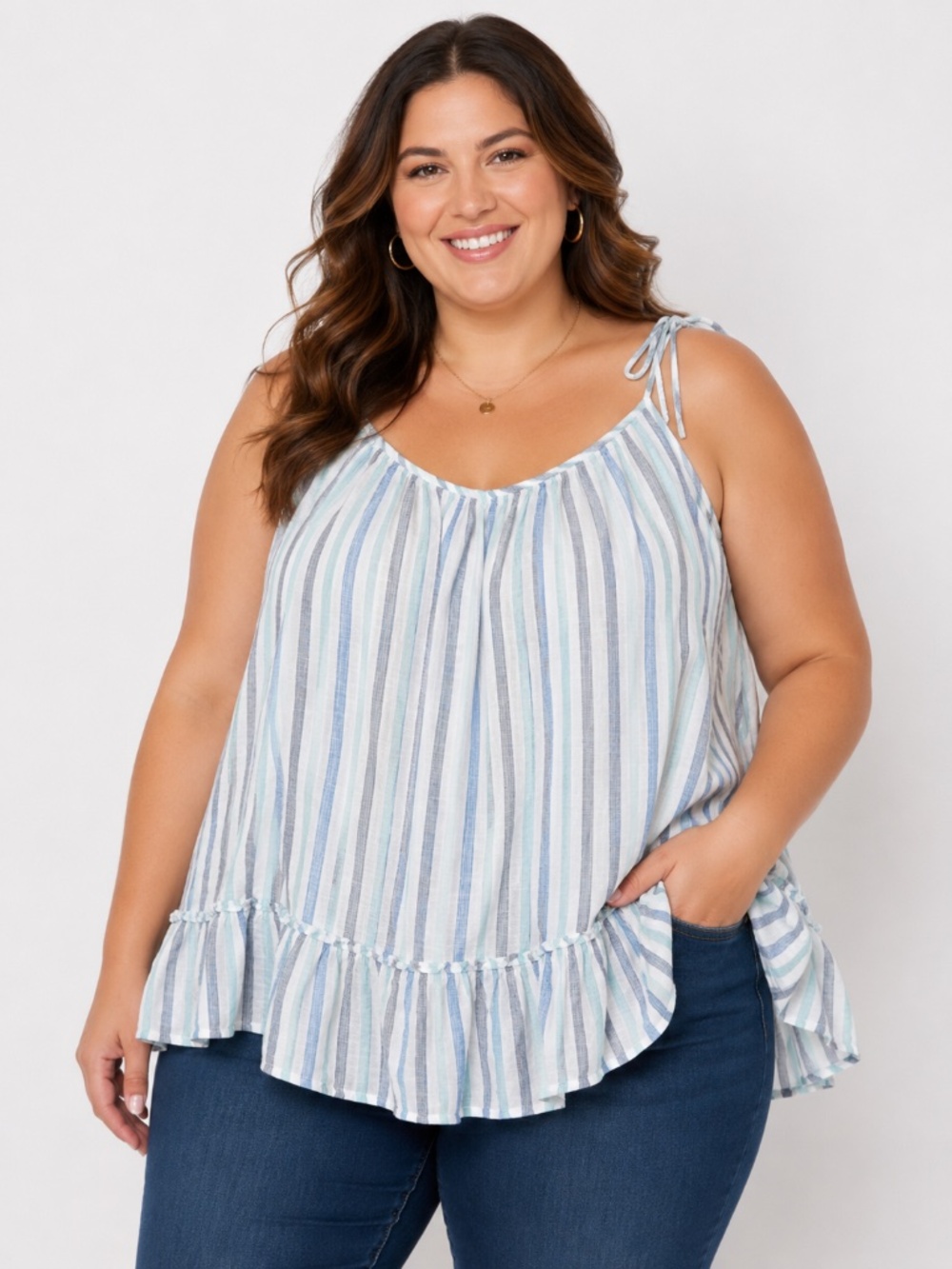 Lane Bryant Babydoll Women's Plus 26 Ruffle Hem Sleeveless Camisole Blue Stripe